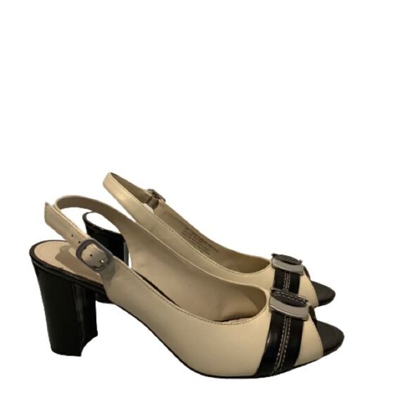 NATURALIZER PEEP TOE SLINGBACK BLACK AND CREAM LEATHER HEELS SIZE 9 NWOT‎ - Picture 2 of 9